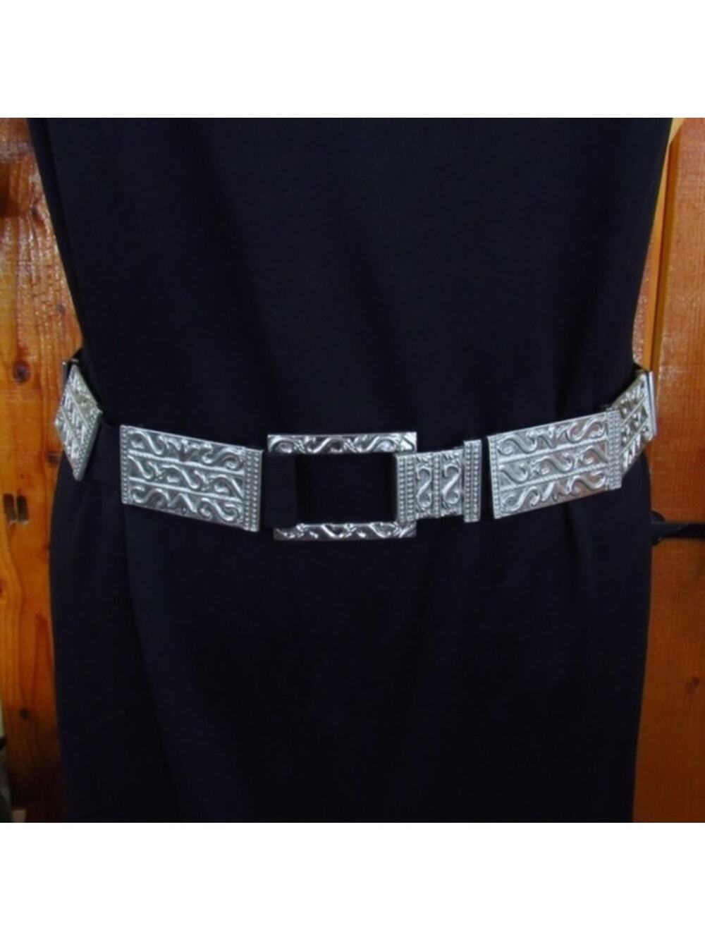 Silver Metal Rectangles & Black Elastic Stretch Belt Statement Chunky 31" to 38"